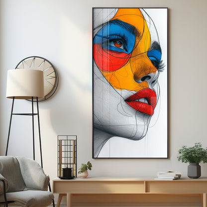 Vibrant Geometric Mask Girl Premium Acrylic Vertical Wall Art