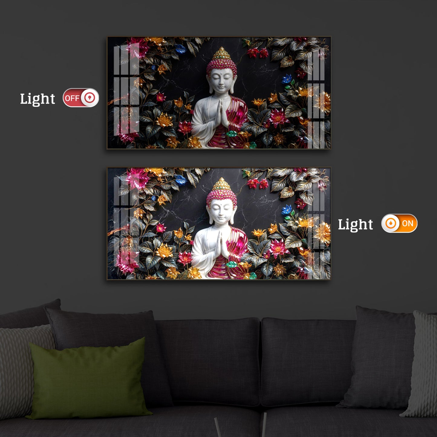 White Buddha With Pink Lotus Modern Luxury Backlight Horizontal Wall Art