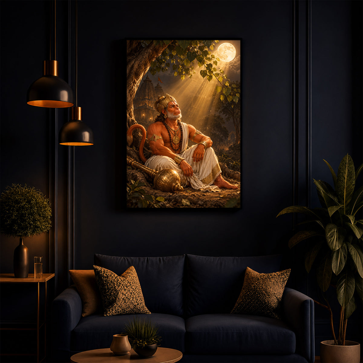 Hanuman Ji Under Tree Modern Luxury Backlight Vertical Wall Art