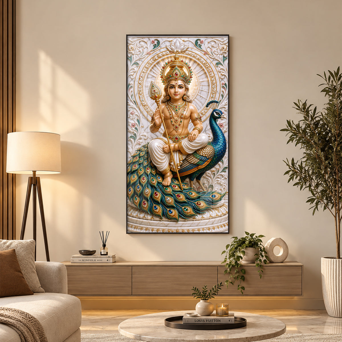 Holy Murugan With Peacock Premium Acrylic Vertical Wall Art
