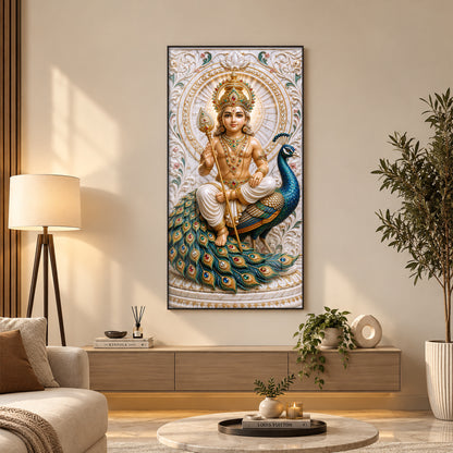 Holy Murugan With Peacock Premium Acrylic Vertical Wall Art