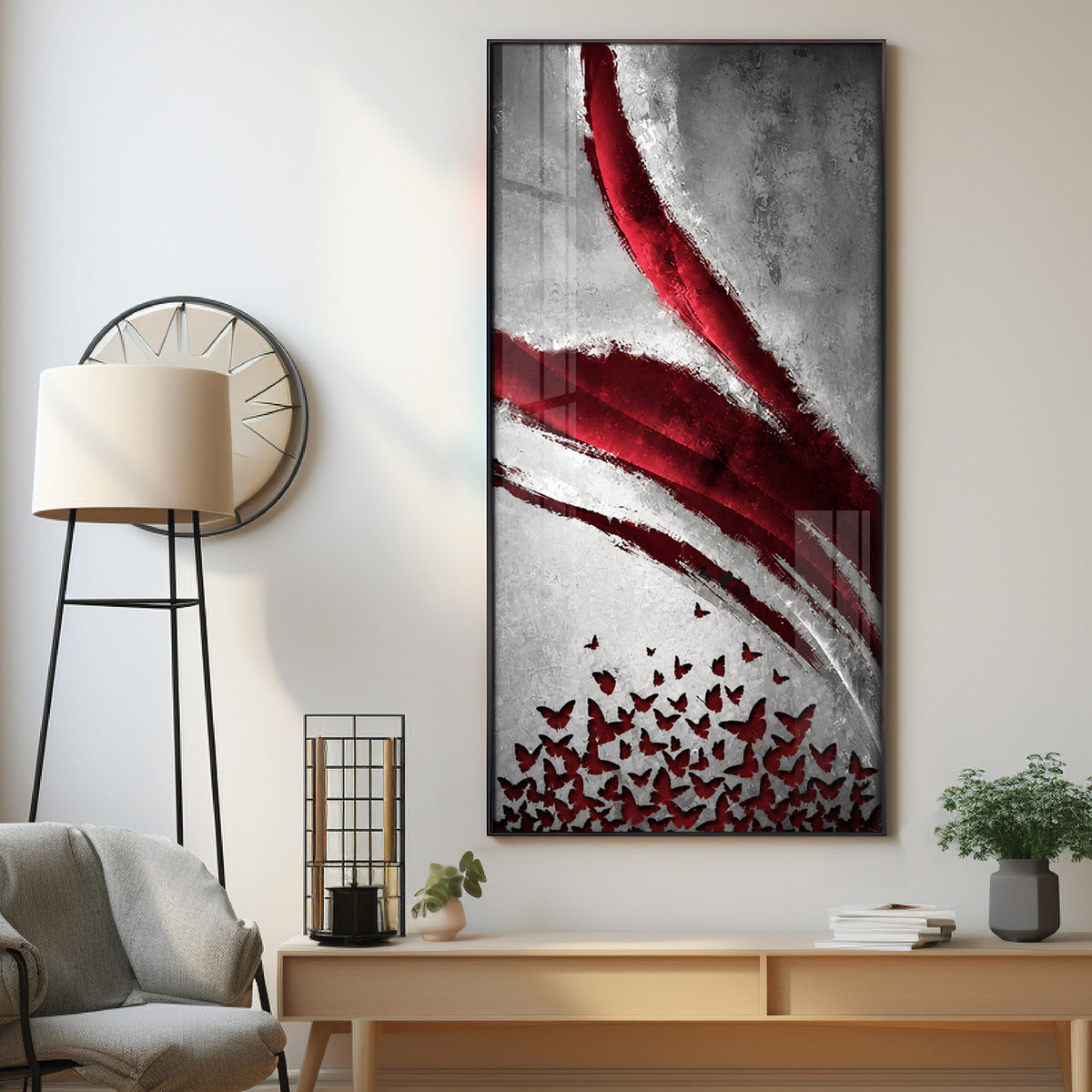 Red Crimson Swirl and Butterfly Premium Acrylic Vertical Wall Art