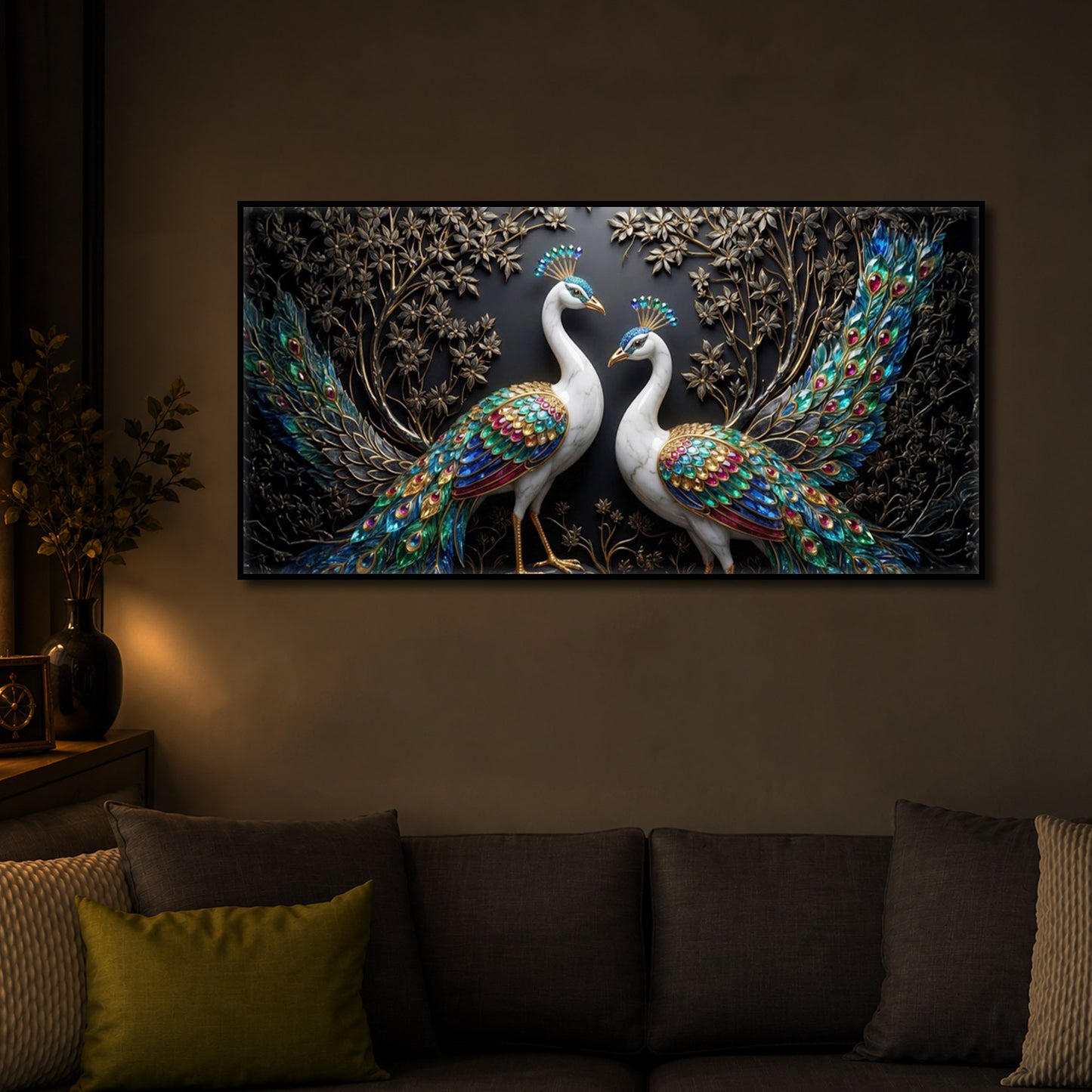 Serene Peacock Modern Luxury Backlight Horizontal Wall Art