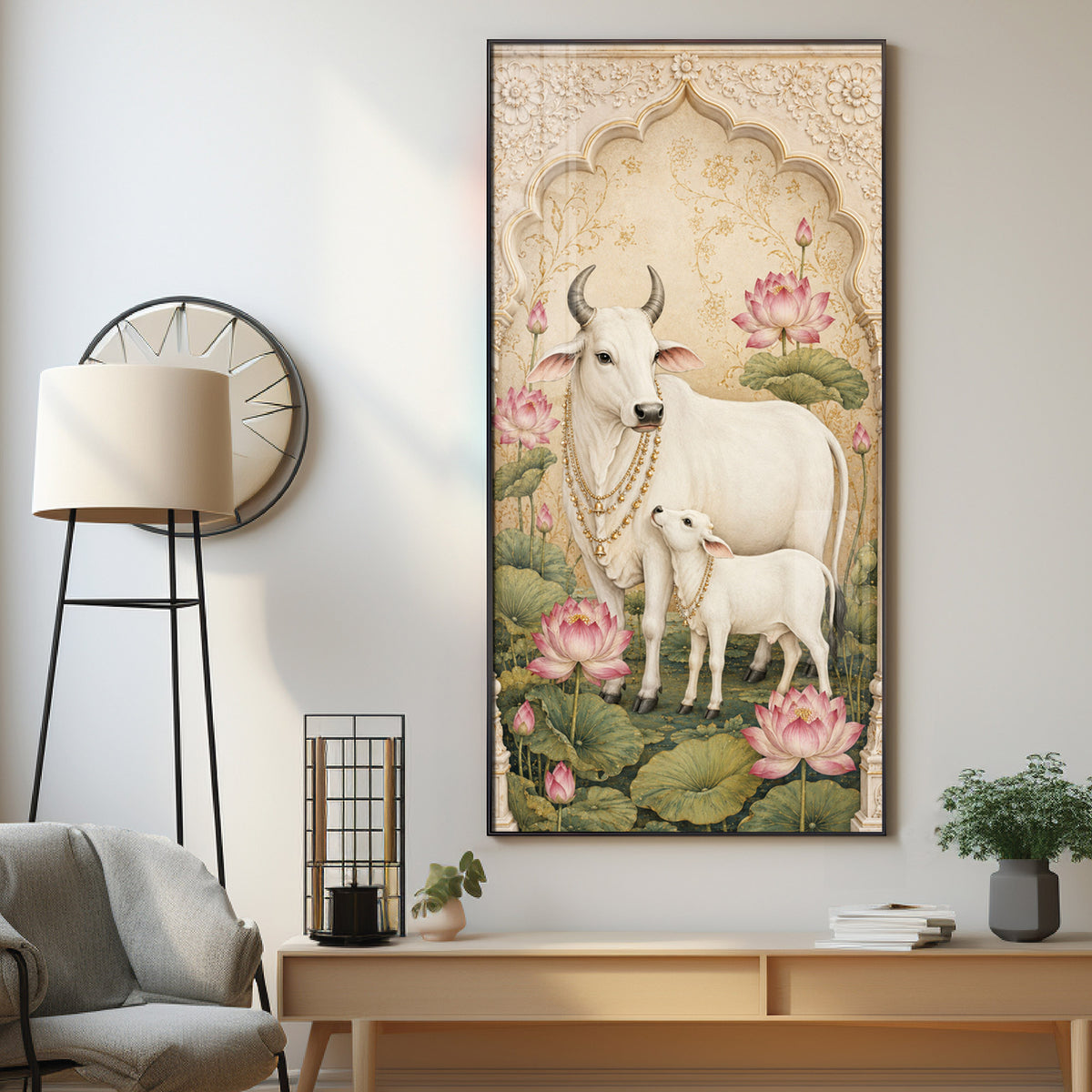 Divine Kamdhenu Cow with Calf Traditional Lotus Premium Acrylic Vertical Wall Art