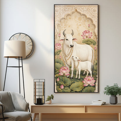 Divine Kamdhenu Cow with Calf Traditional Lotus Premium Acrylic Vertical Wall Art