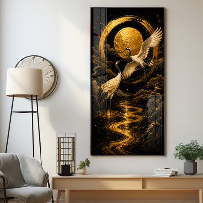 Golden Cranes & Moon Minimalist Zen Premium Acrylic Vertical Wall Art