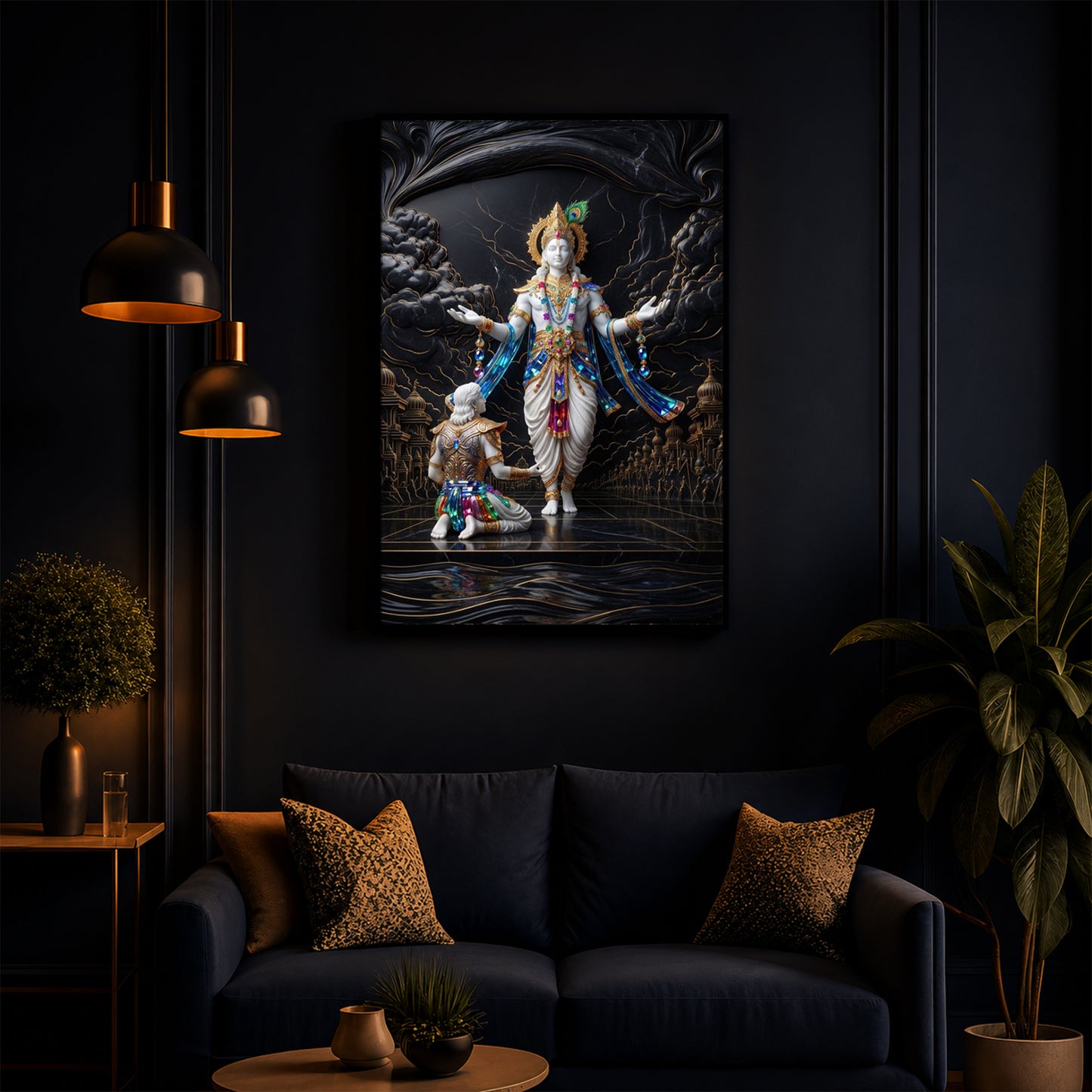 Lord Krishna With Arjuna Modern Luxury Backlight Vertical Wall Art