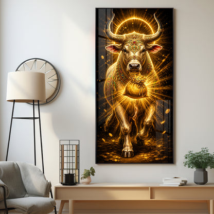 Golden Bull With Bag Of Wealth Premium Acrylic Vertical Wall Art