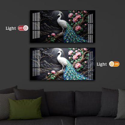 White Peacock With Flowers Modern Luxury Backlight Horizontal Wall Art