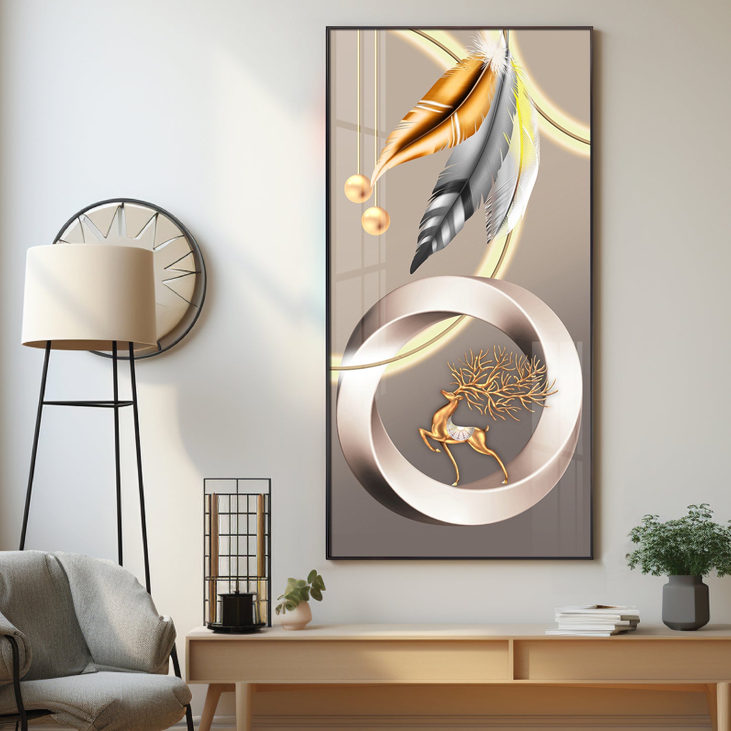 Deer With Gold & Silver Feather Premium Acrylic Vertical Wall Art