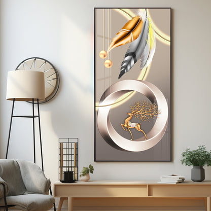 Deer With Gold & Silver Feather Premium Acrylic Vertical Wall Art