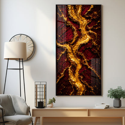 Striking Crimson & Gold Flowing River Premium Acrylic Vertical Wall Art