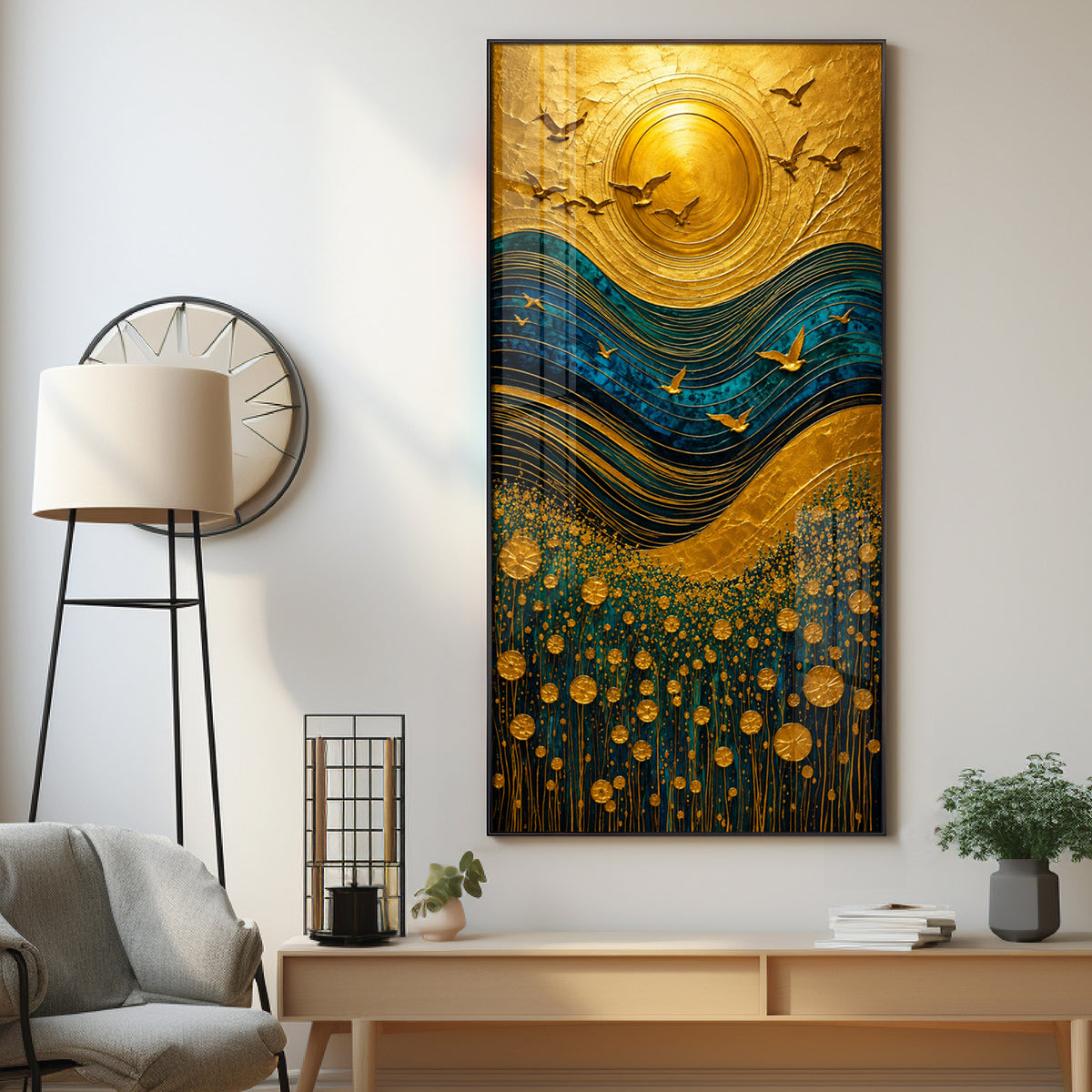 Majestic Golden Sun & Flying Birds Landscape Premium Acrylic Vertical Wall Art