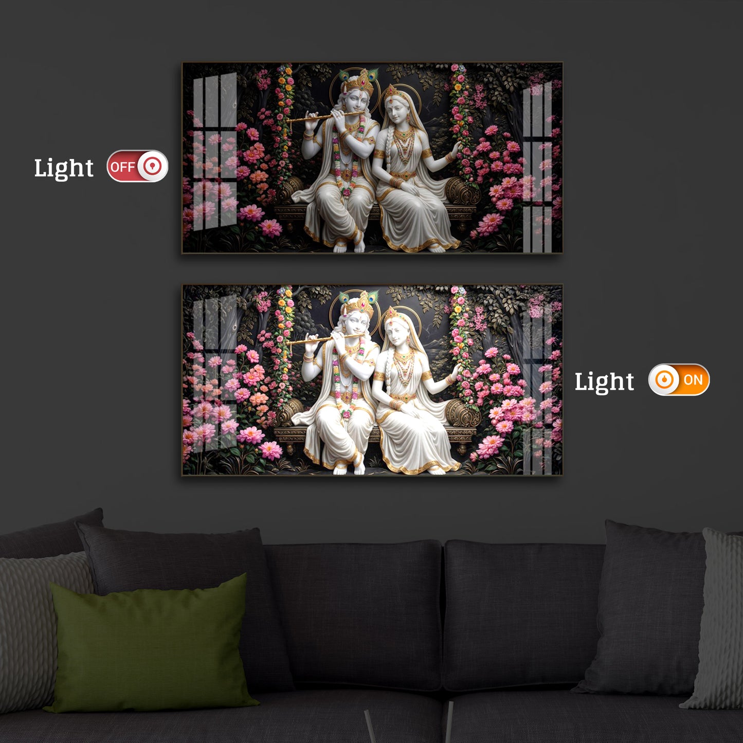 Radha Krishna With Flower Modern Luxury Backlight Horizontal Wall Art
