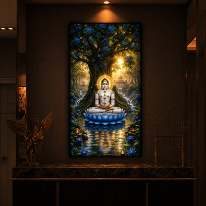 Divine Bhagwan Mahavir On Blue Lotus Modern Luxury Backlight Vertical Wall Art