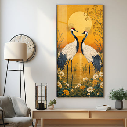Golden Sunset Crane Birds Premium Acrylic Vertical Wall Art