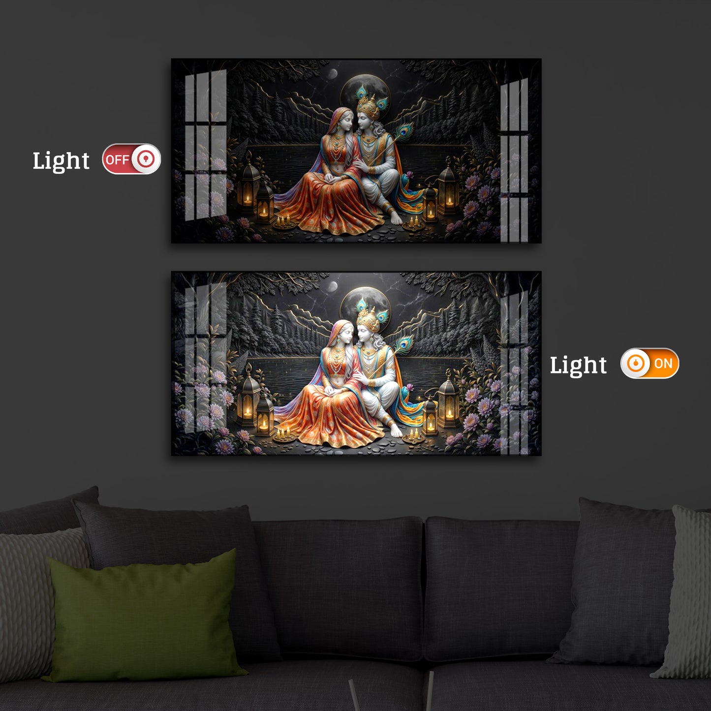 Hindu Deity Radha Krishna Modern Luxury Backlight Horizontal Wall Art