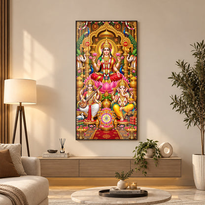 Maa Laxmi, Ganesh Ji & Saraswati Premium Acrylic Vertical Wall Art