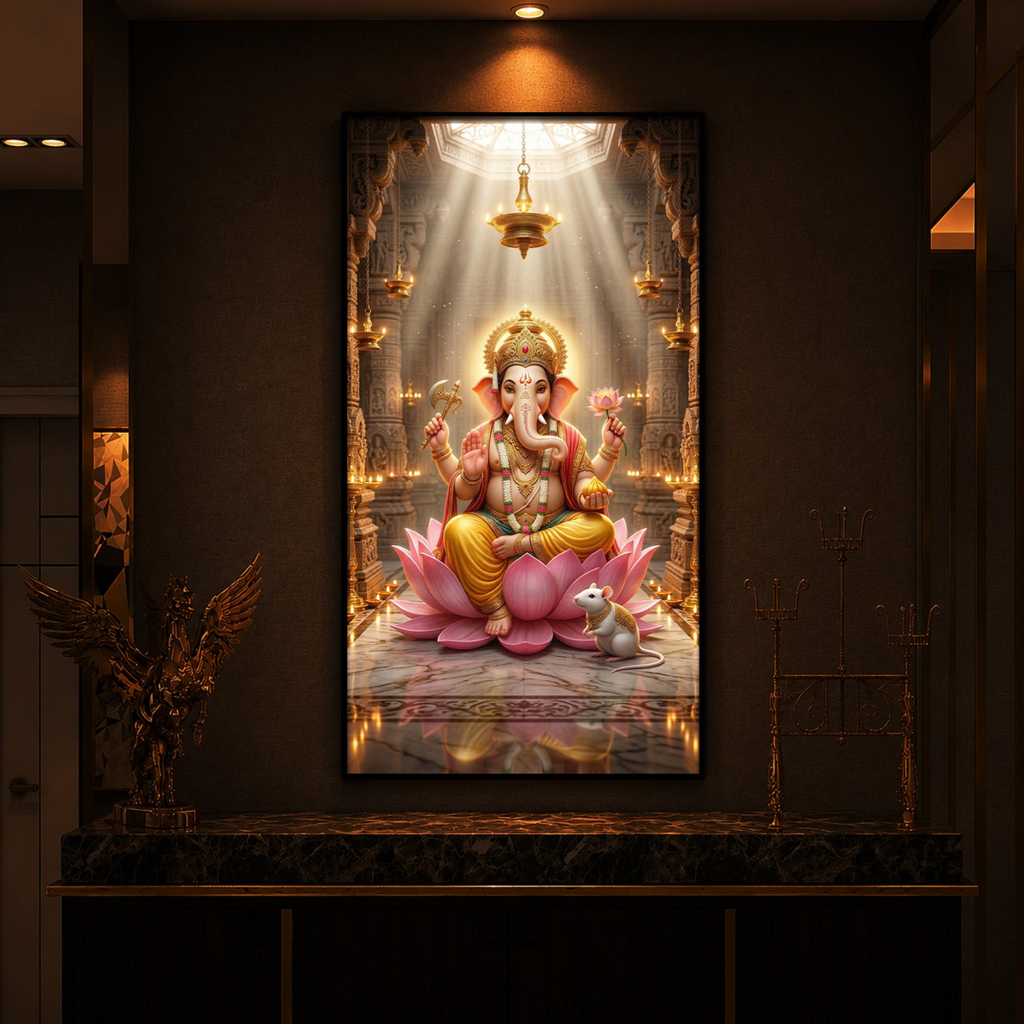 Lord Ganesh Ji On Lotus Modern Luxury Backlight Vertical Wall Art