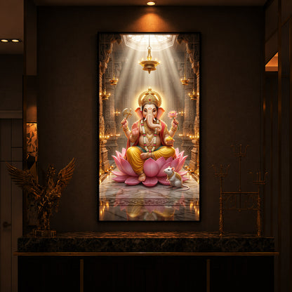 Lord Ganesh Ji On Lotus Modern Luxury Backlight Vertical Wall Art