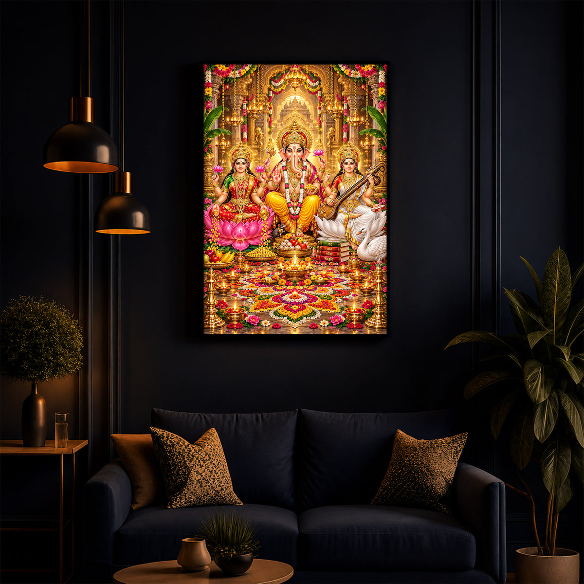 Maa Lakshmi, Lord Ganesha and Goddess Saraswati Modern Luxury Backlight Vertical Wall Art