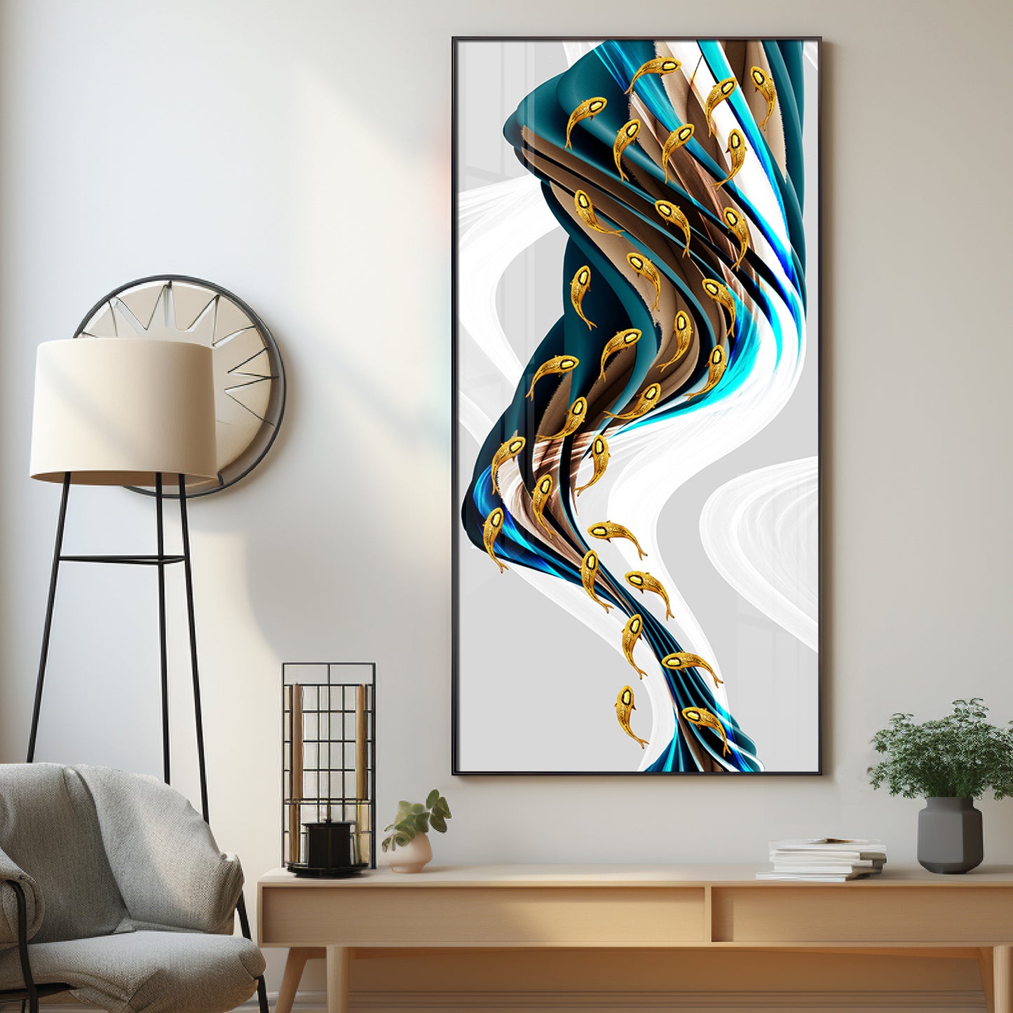 Rich Golden Carp School of Fish Premium Acrylic Vertical Wall Art