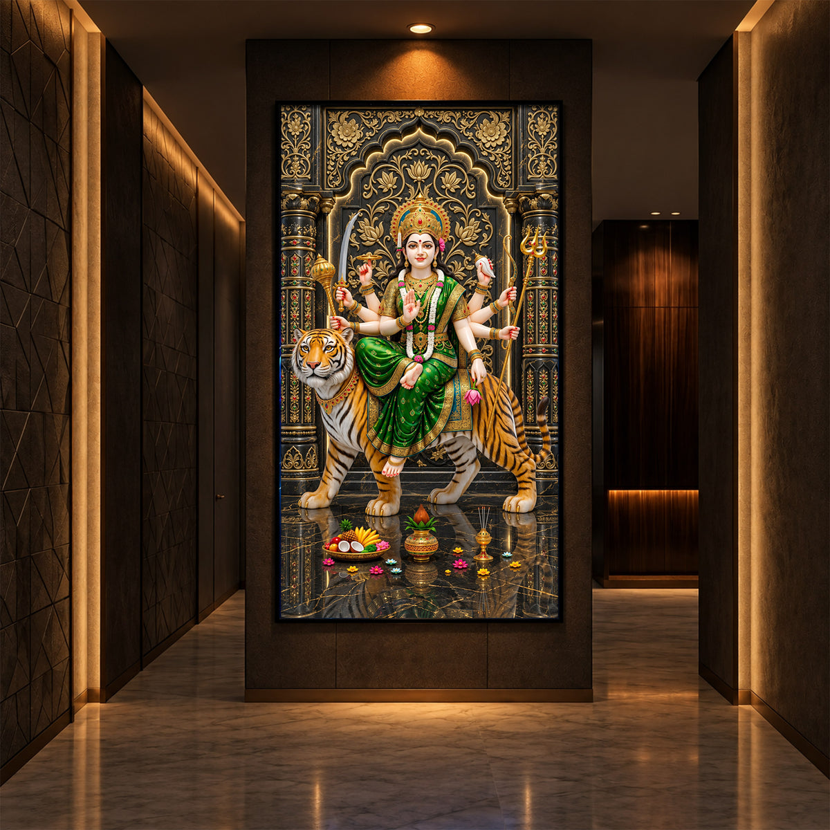 Maa Durga In Green Saree Modern Luxury Backlight Vertical Wall Art