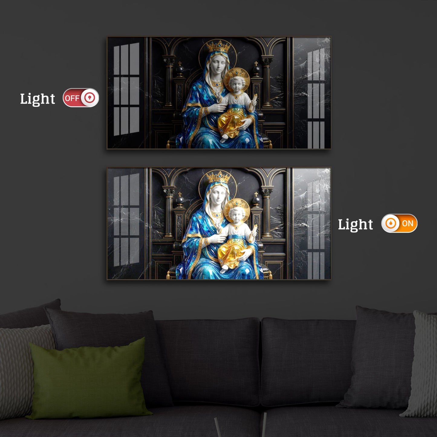 Mother Mary Holding Baby Jesus Modern Luxury Backlight Horizontal Wall Art