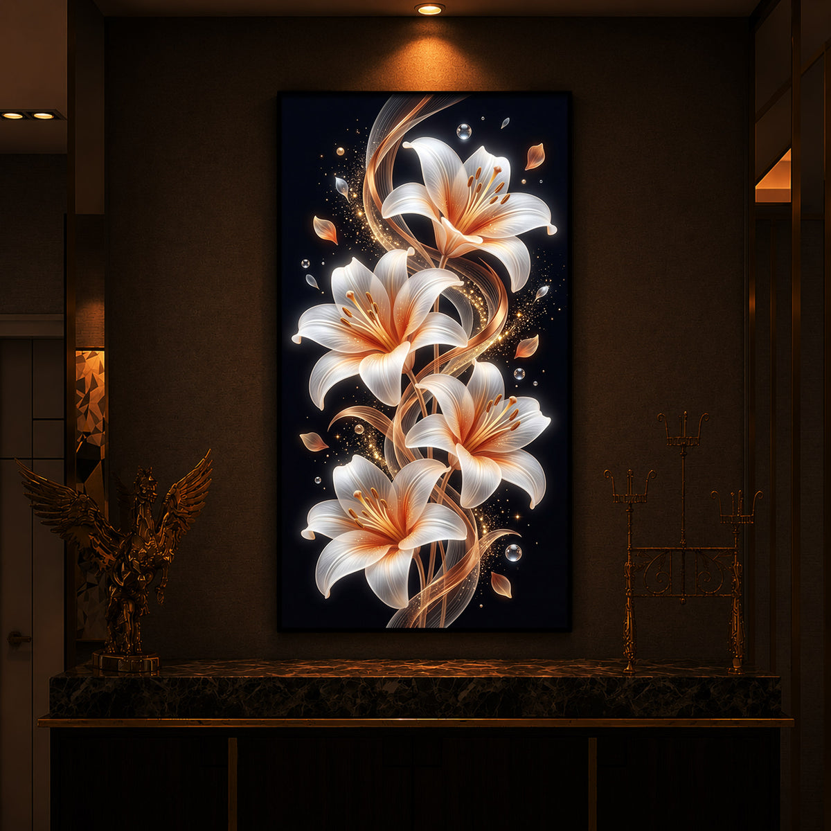Glowing Golden Lily Modern Luxury Backlight Vertical Wall Art