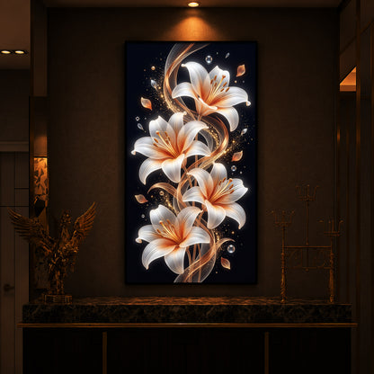 Glowing Golden Lily Modern Luxury Backlight Vertical Wall Art