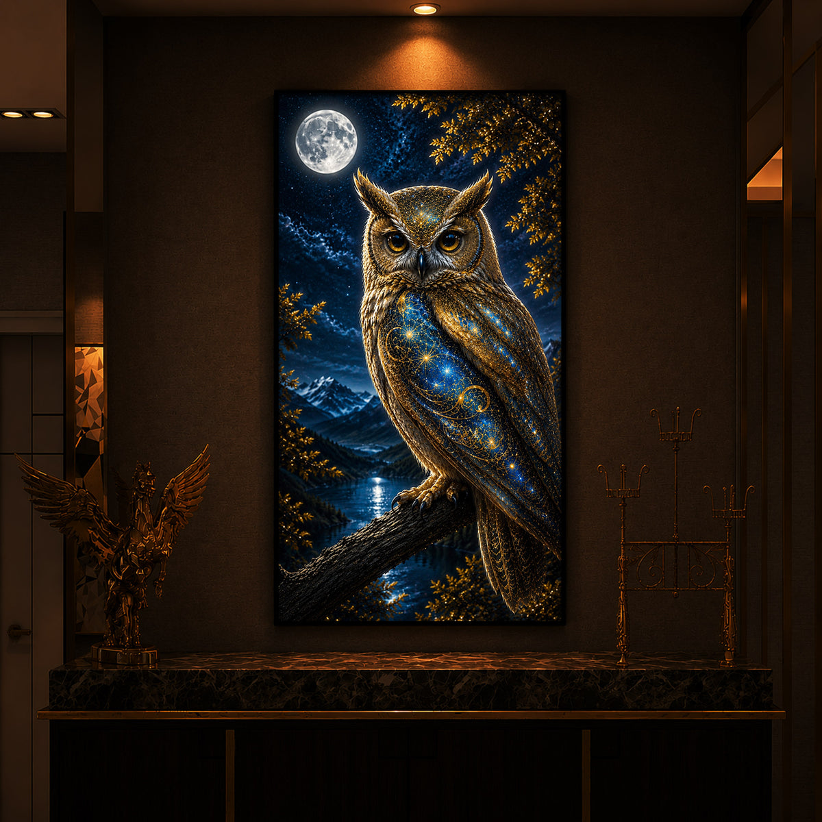 Majestic Golden Owl Modern Luxury Backlight Vertical Wall Art