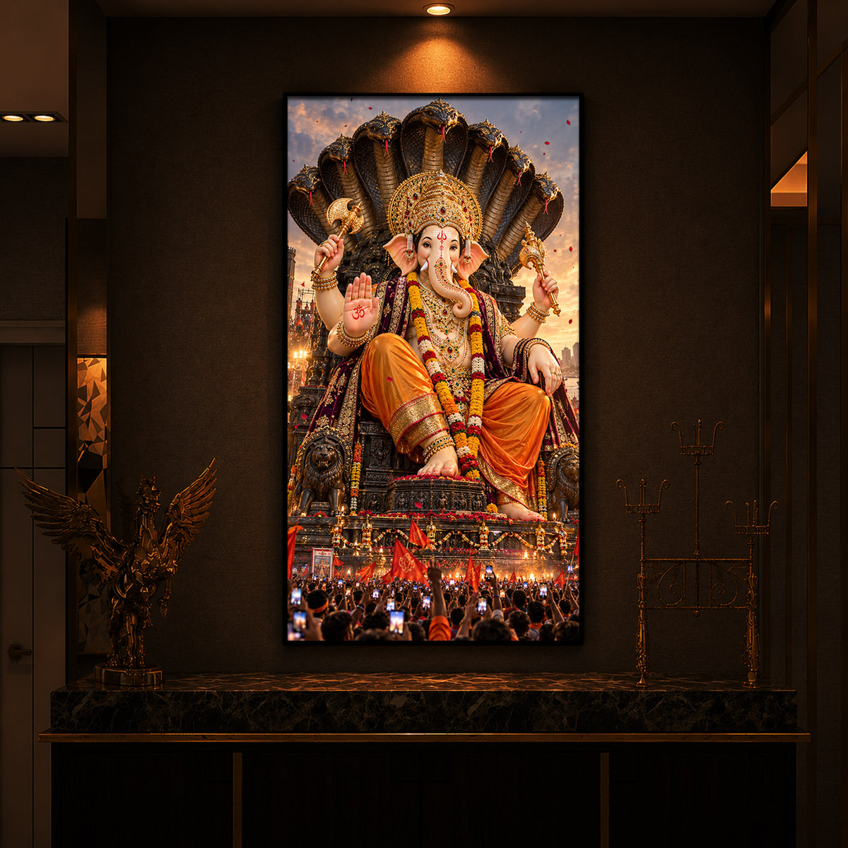 Lalbaugcha Raja Divine Darshan Modern Luxury Backlight Vertical Wall Art