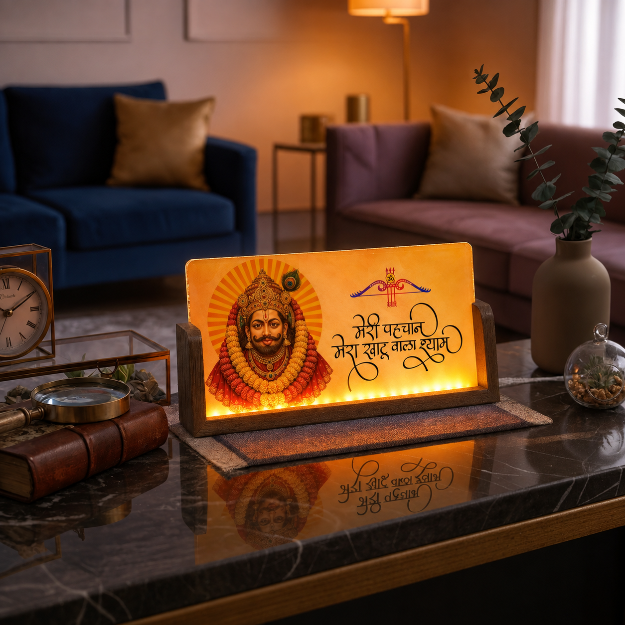 Khatu Shyam Ji Acrylic LED Table Lamp - Wooden Stand