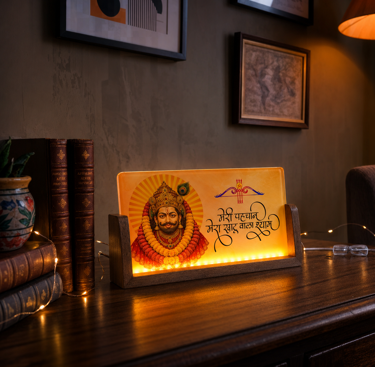 Khatu Shyam Ji Acrylic LED Table Lamp - Wooden Stand