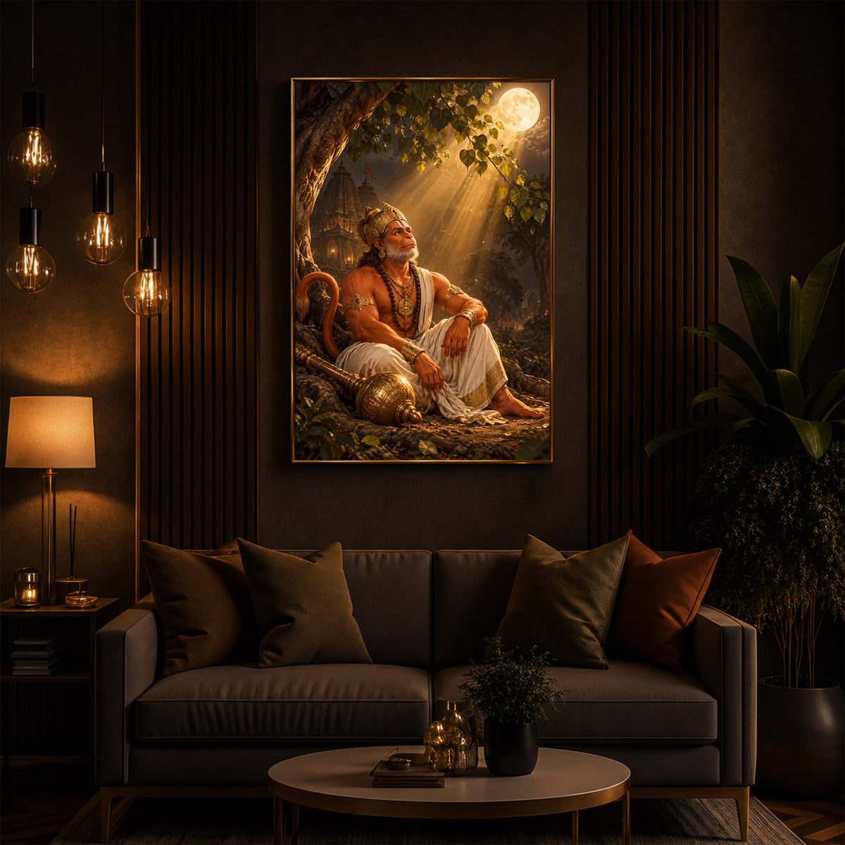 Hanuman Ji Under Tree Modern Luxury Backlight Vertical Wall Art