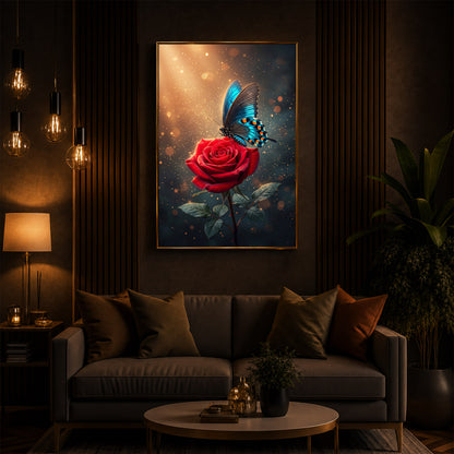 Enchanted Red Rose & Blue Butterfly Modern Luxury Backlight Vertical Wall Art