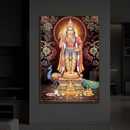 Lord Murugan With Peacock Modern Luxury Backlight Vertical Wall Art