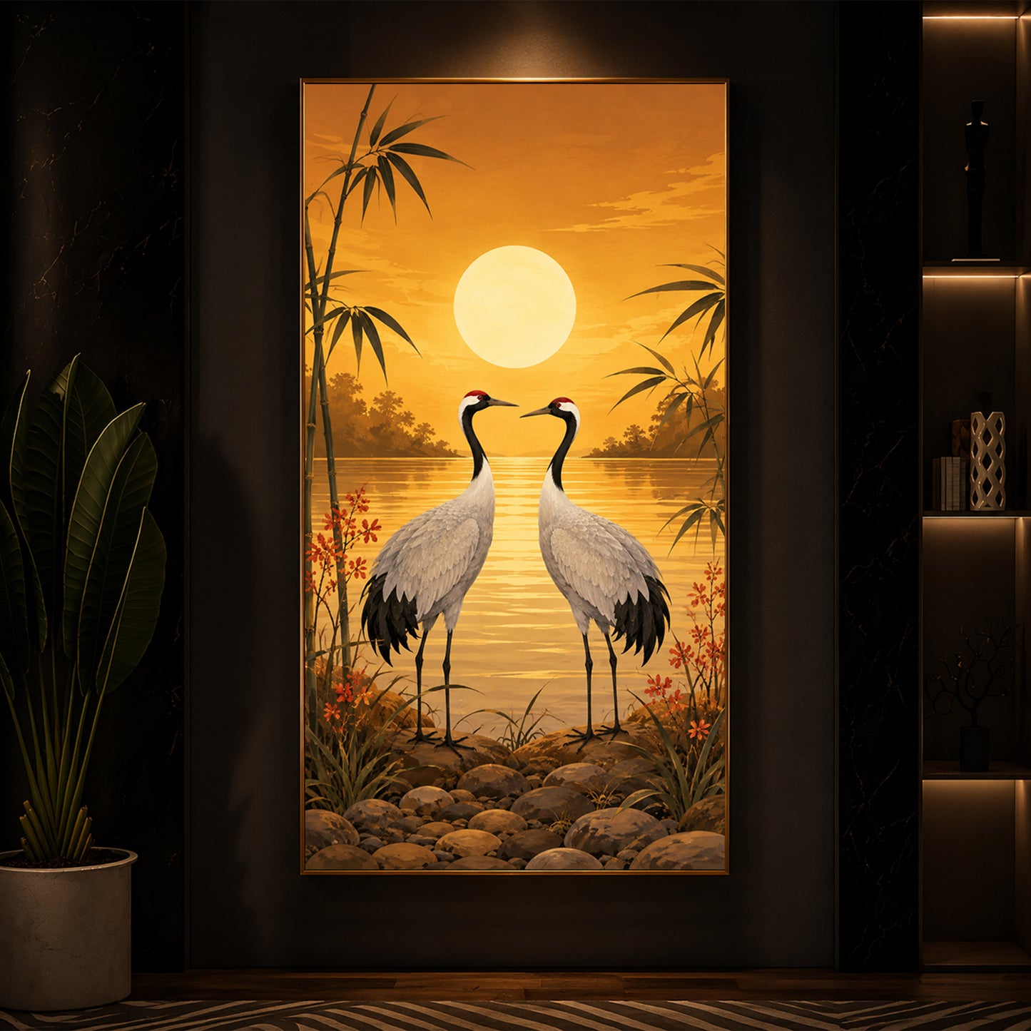 Sunset Crane Pair Modern Luxury Backlight Vertical Wall Art