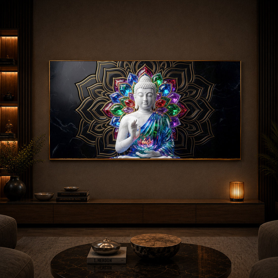 Meditating Buddha Modern Luxury Backlight Horizontal Wall Art