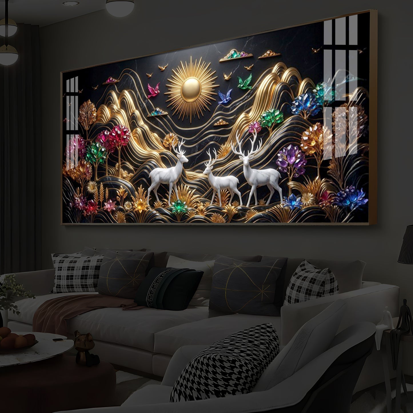 White Deer With Sun Modern Luxury Backlight Horizontal Wall Art