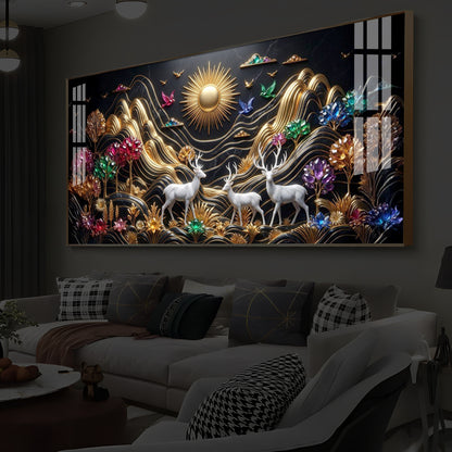 White Deer With Sun Modern Luxury Backlight Horizontal Wall Art