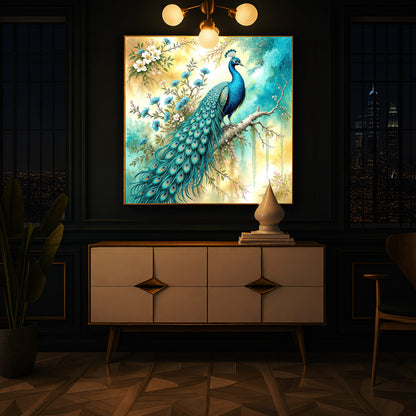 Peacock Perch Art Modern Luxury Backlight Square Wall Art