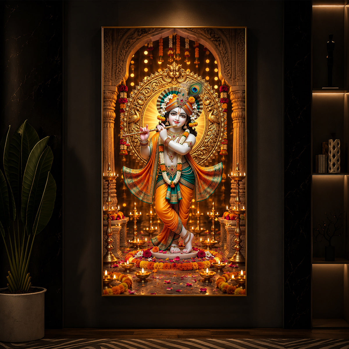 Lord Krishna Playing Flute In Standing Pose Modern Luxury Backlight Vertical Wall Art