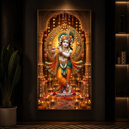 Lord Krishna Playing Flute In Standing Pose Modern Luxury Backlight Vertical Wall Art
