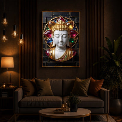 White Buddha Face Modern Luxury Backlight Vertical Wall Art