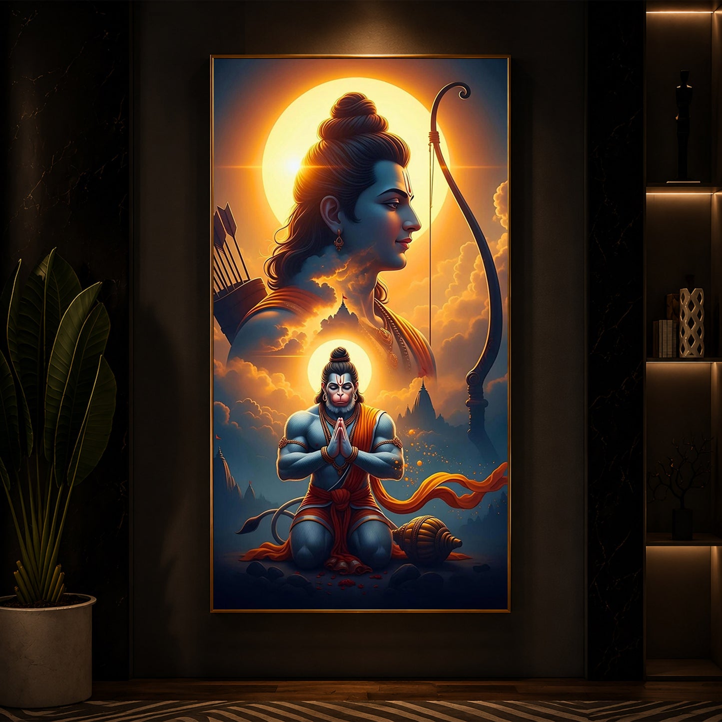 Ram and Hanuman Ji Modern Luxury Backlight Vertical Wall Art