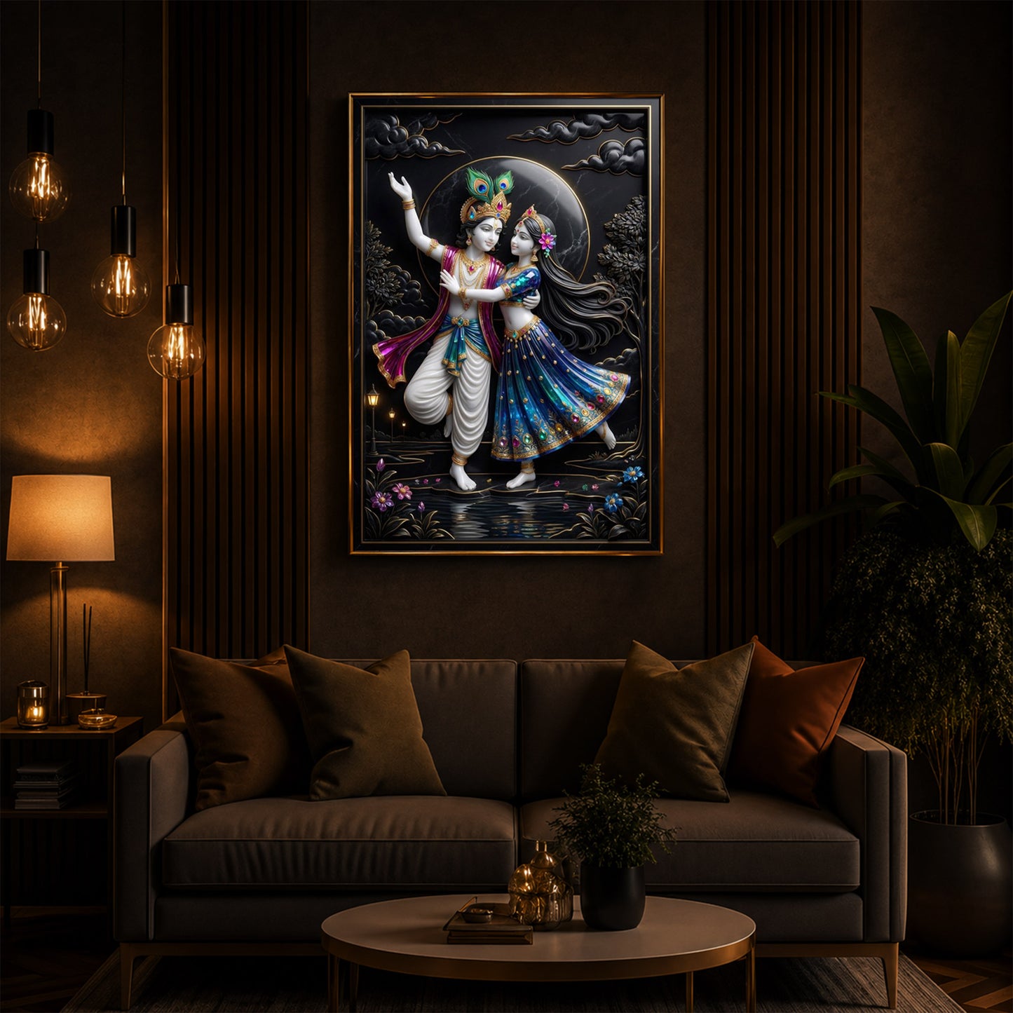 Radha Krishna Dancing Together Modern Luxury Backlight Vertical Wall Art