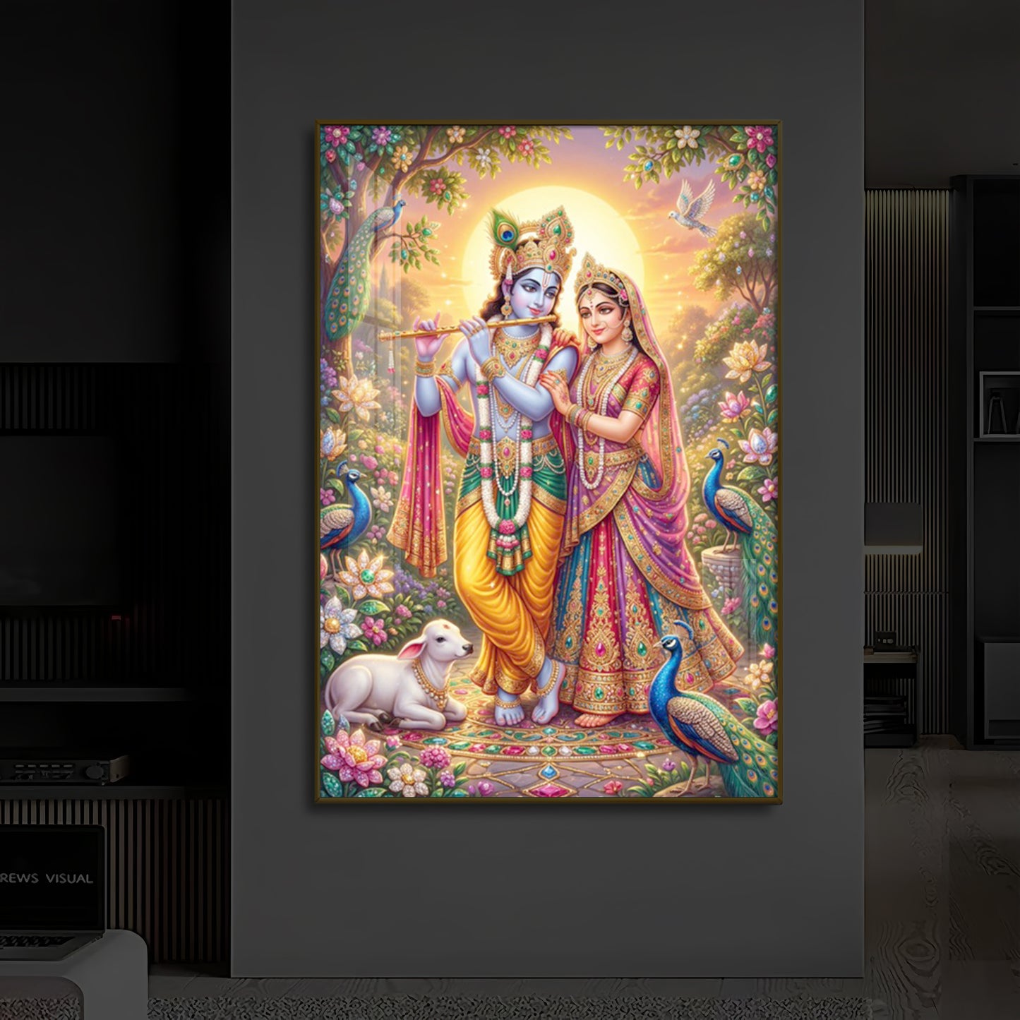 Radha Krishna Divine Harmony Modern Luxury Backlight Vertical Wall Art