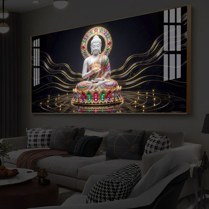 White Buddha Statue Modern Luxury Backlight Horizontal Wall Art
