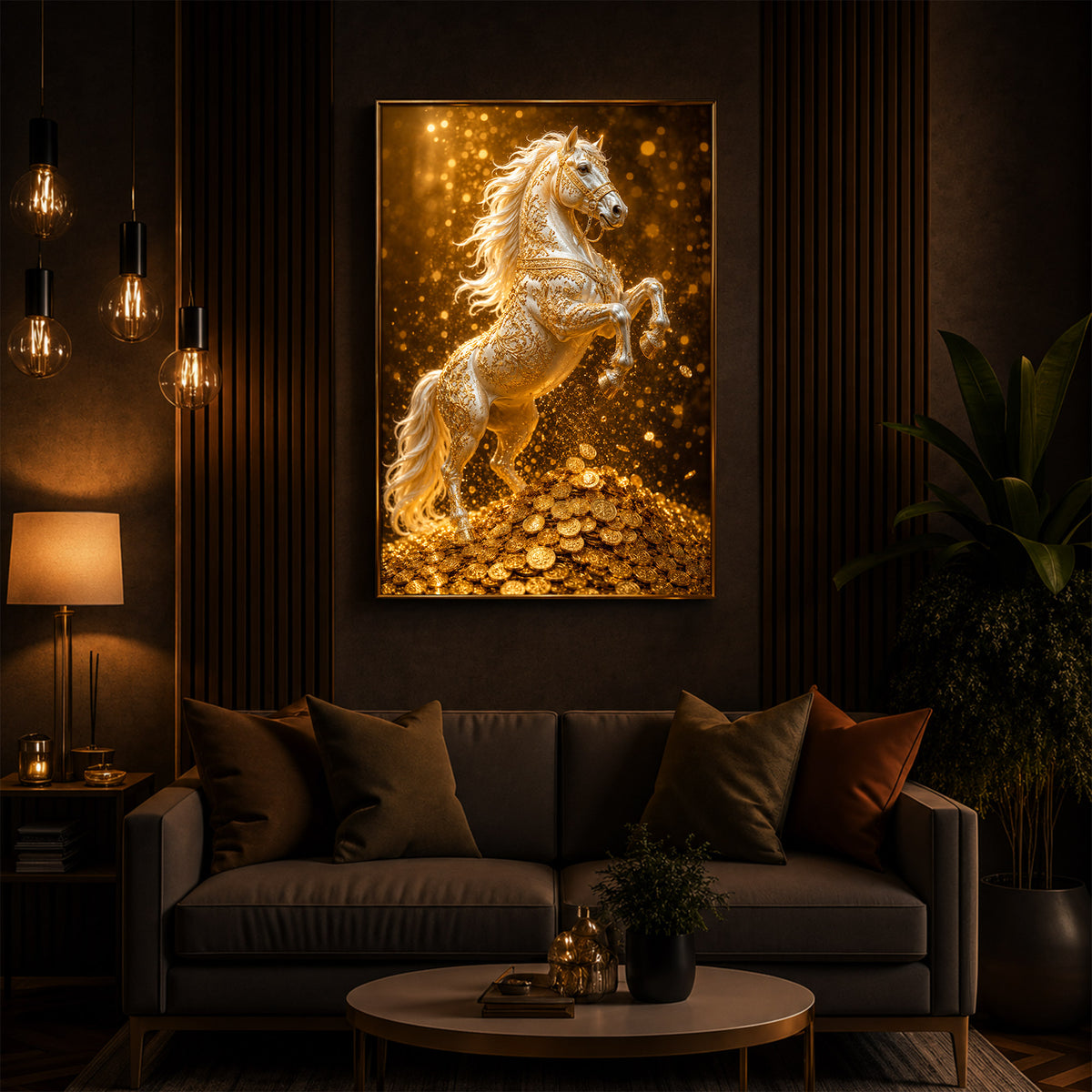 Majestic Golden Horse Modern Luxury Backlight Vertical Wall Art